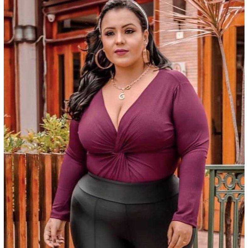 Body Lilás Manga Longa Canelado Plus Size - daluzplussize