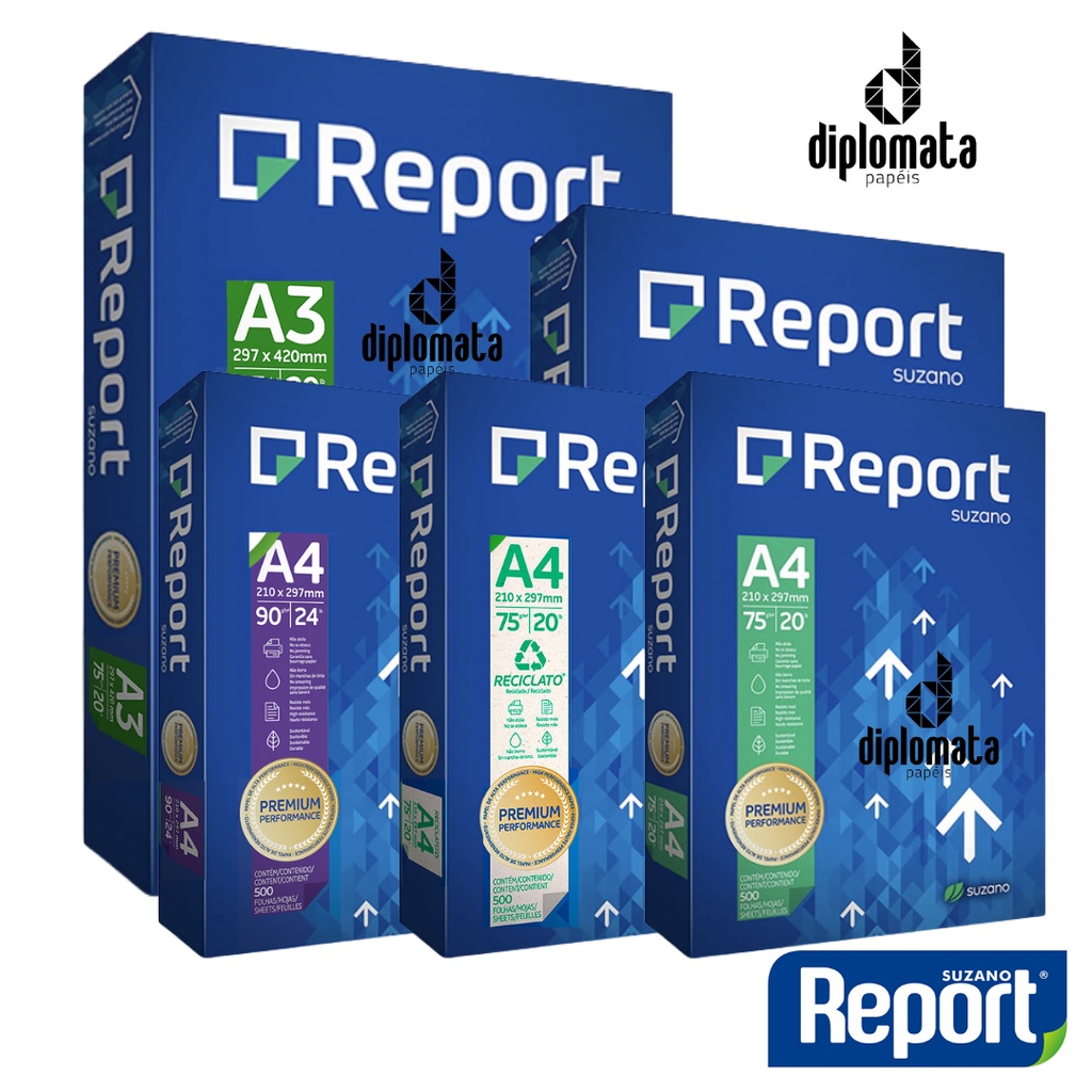 Resma Report 75g 90g Branco ou Reciclato 500 Fls A4 A3 Ofício2 Papel Sulfite Melhor q Chamex