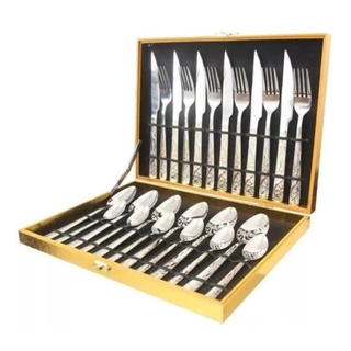 kit Faqueiro Maleta de Inox com 24 Peças em Detalhes Dourado