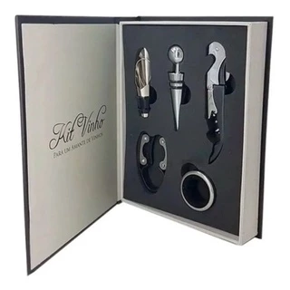 Kit Vinho Abridor Saca Rolhas Tampa Dosador Livro 05 Peças de Luxo