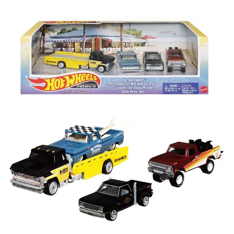 2022 Hot Wheels Premium Horizon Hauler Set Garagem Dodge Red Express Truck Personalizado Chevy Pickup Unidade Texas Ford Car Toy