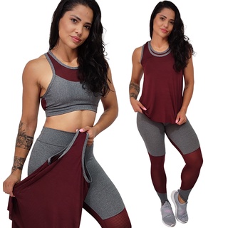 Kit Fitness Calça Legging Top com Bojo e Camiseta Regata Roupa Academia