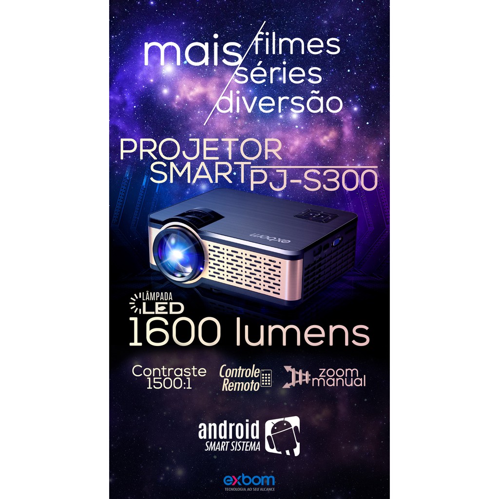 Projetor LED Smart PJ-S300 com Android/Wi-Fi/Bluetooth/USB/HDMI/VGA ...