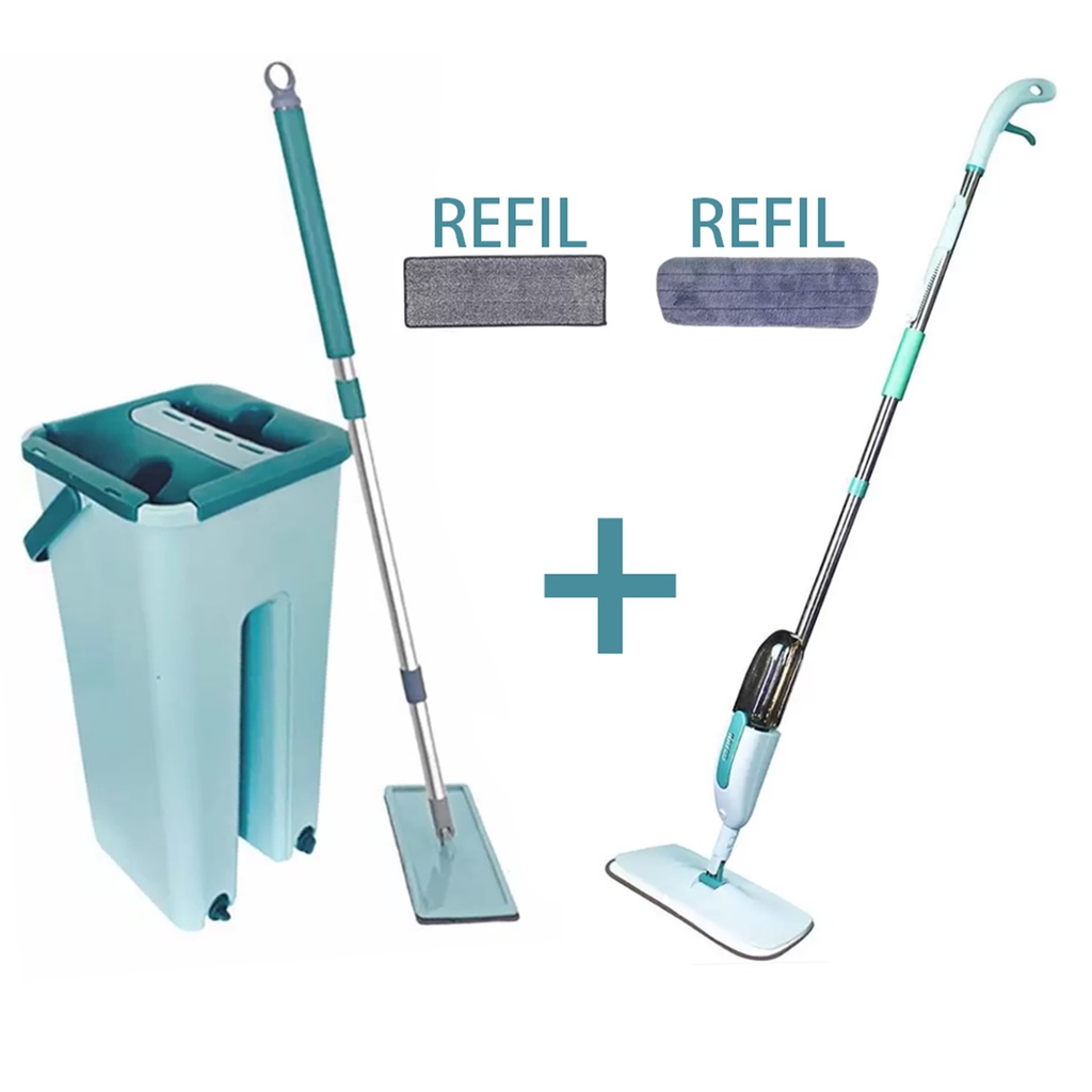 Mop Spray + Mop Flat Balde Multiuso Rodo Esfregao Tampa Vazao Agua