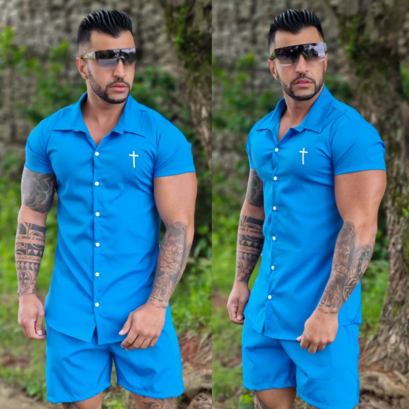Conjunto Praia Camisa e Short Mauricinho Azul Masculino Tecido Tactel com  Elastano