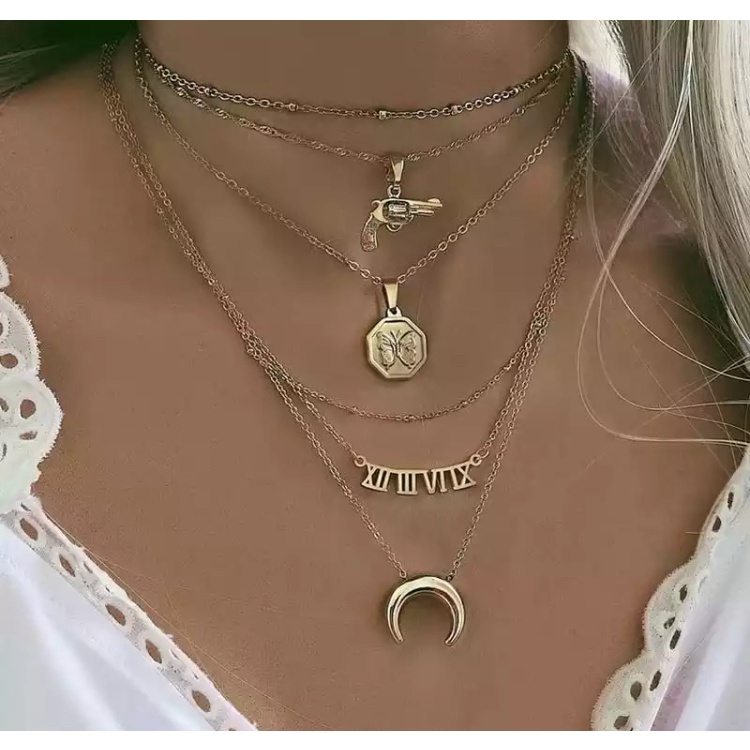 Colar Dourado Multicamadas Pistola Borboleta Lua Romano | Shopee Brasil