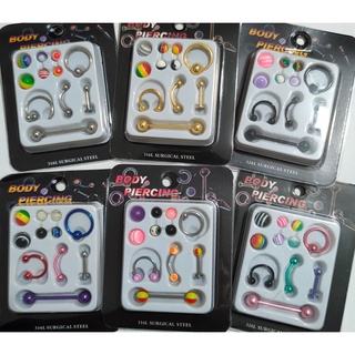 Kit 5 Piercings + 6 Bolinhas extra smile seio linha tragus sobrancelha lingua nariz septo COLORIDO