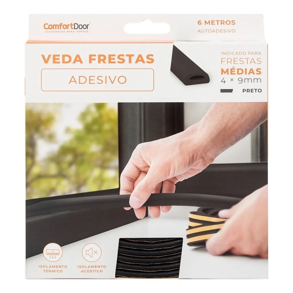 Veda Frestas Borracha Para Vedação Auto Adesivo Veda Porta Janelas 4mm Comfort Door 6 metros