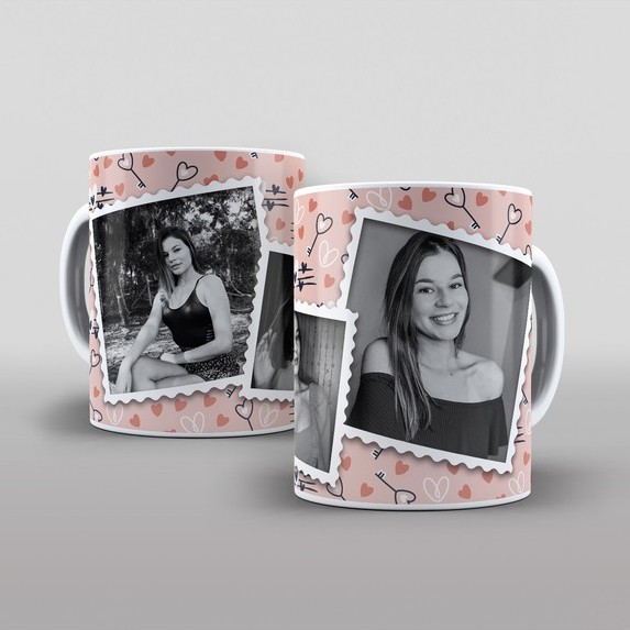Caneca Personalizada com Fotos 3 Fotos Fundo corações love