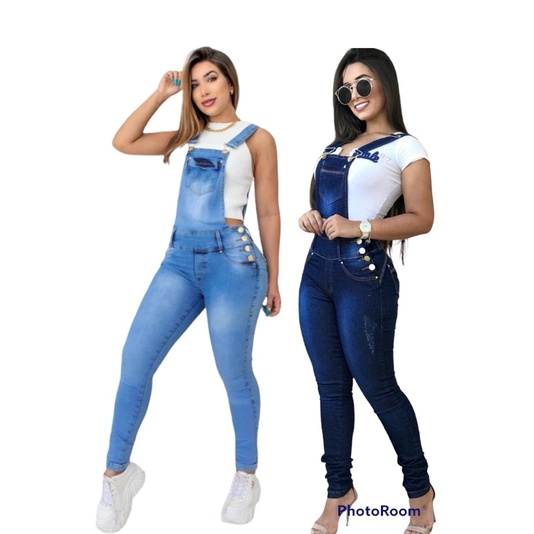 Macacao Jeans Feminino Cintura Alta Com Elastano Liso