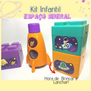 Kit de Potes Empilhaveis + Garrafinha Espaço Sideral Hora do Lanche
