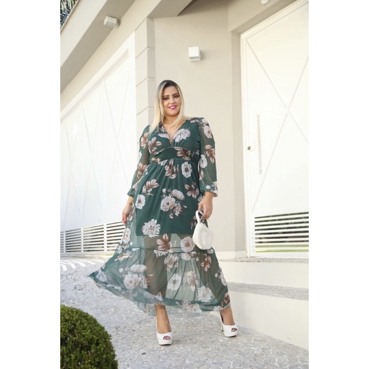 Vestido Floral Vestido Curto Manga Longa Plus Size Vestido De