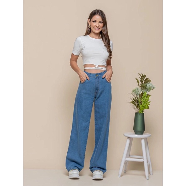 Calça Jeans Feminina Wide Leg Pantalona Cintura Alta Moda Atual