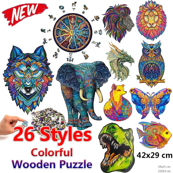 Espectacular Puzzle Madeira, Leão colorido, formas de animais