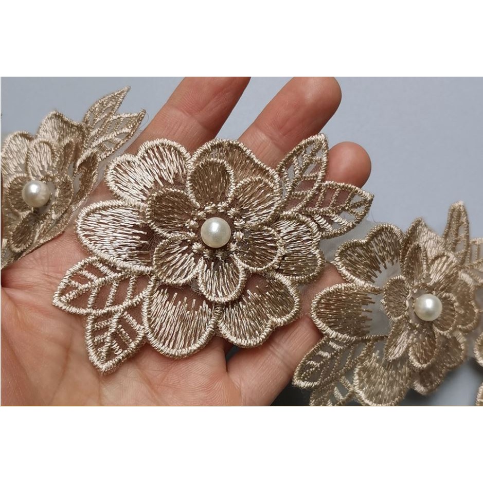 Aplique Bordado Flor Renda Costura Dourado