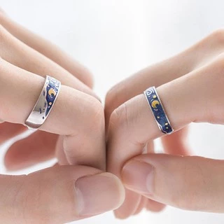 Febs 2 Pcs Banhado A Prata Gogh Céu Estrelado Amante Aberto Anéis Banda Jóias