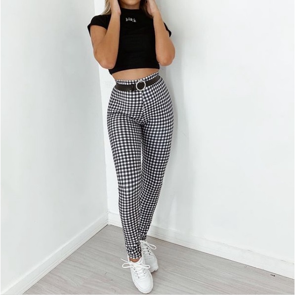Hot calça preta e branca quadriculada Outlet Online Black Friday
