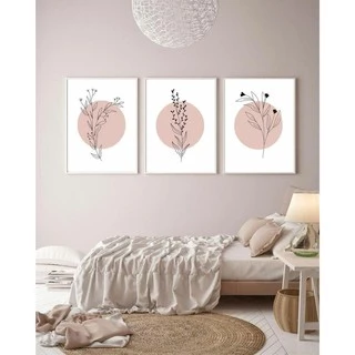 Quadro Decorativo Kit 03 Peças 40x60 Folhagem Minimalista Em Círculos Rose Placas Sem Moldura