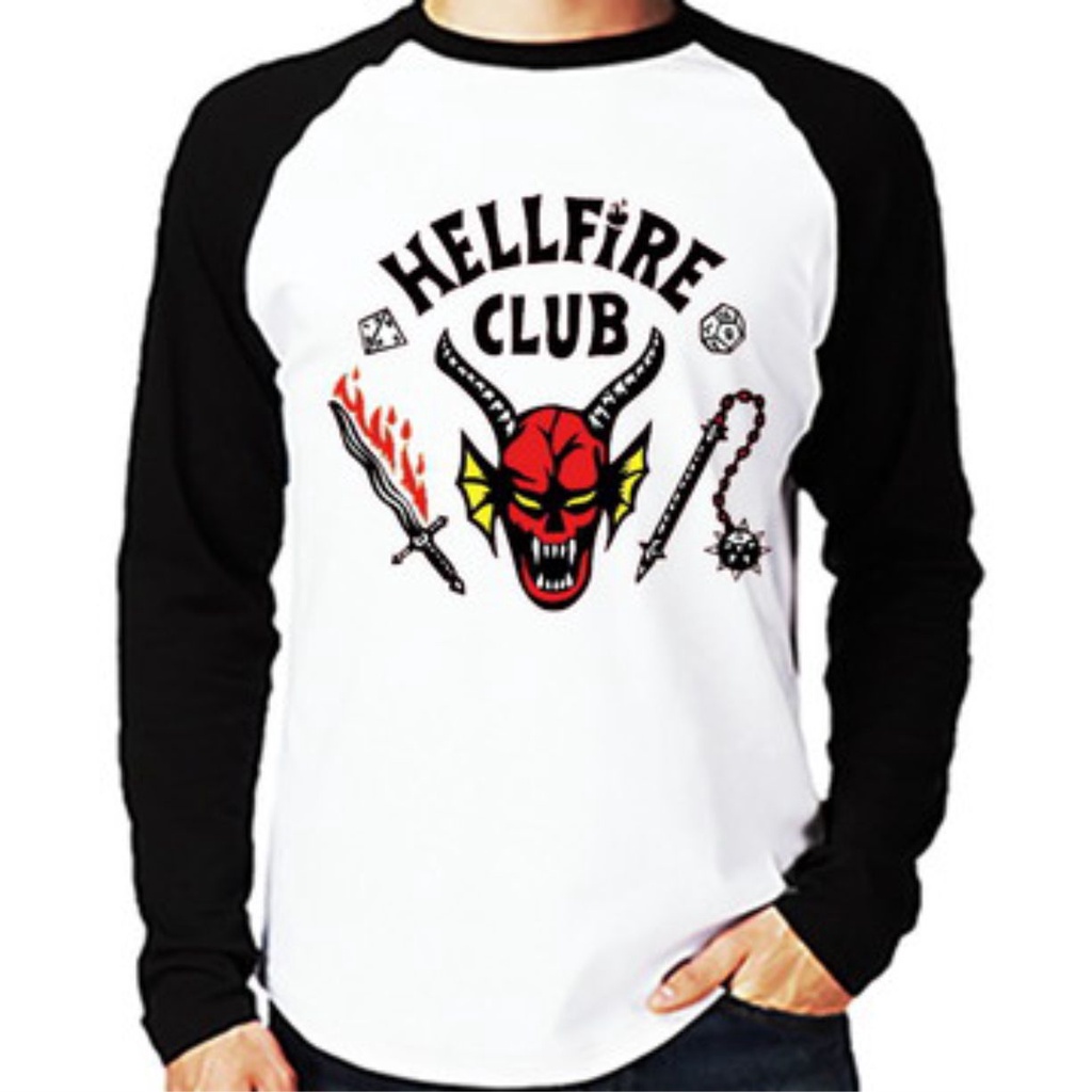 Camiseta Raglan Hellfire 27 Club tamanho adulto na cor branca com