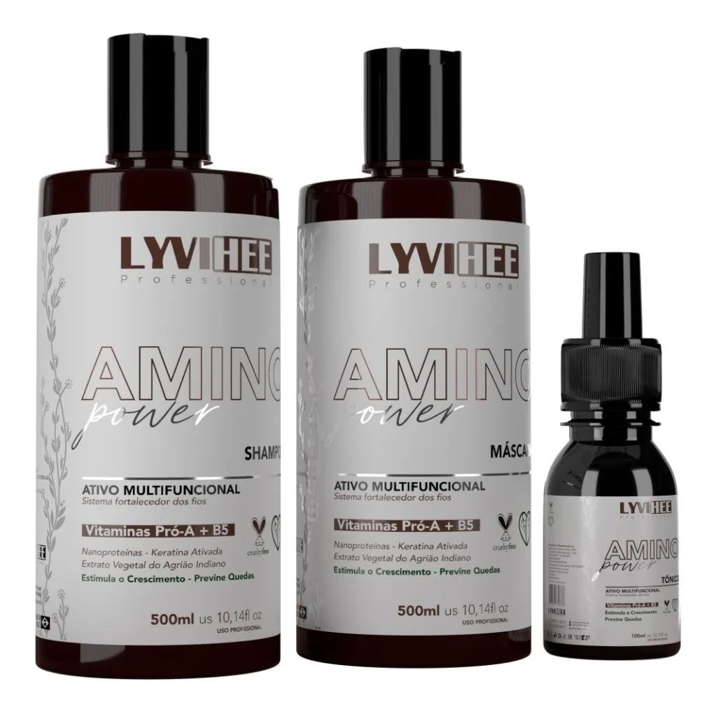 KIT Amino Power Shampoo 500ml + Mascara500ml + tônico nano Vegetal Lyvihee 100ml