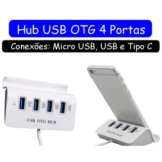 Hub Otg Micro Usb 4 Portas C/ Adaptador Tipo C para Smartphones Tablets PC Notebook