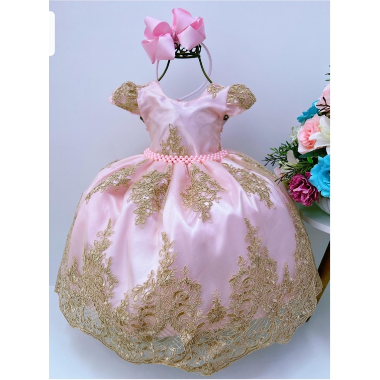 Vestido Infantil Rosa Dourado Realeza Princesa