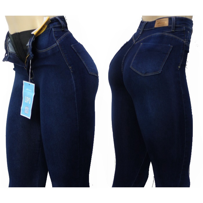 Sawary Bermuda Jeans Super Lipo Cintura Alta - Com Cinta Interna - Azul  Escuro