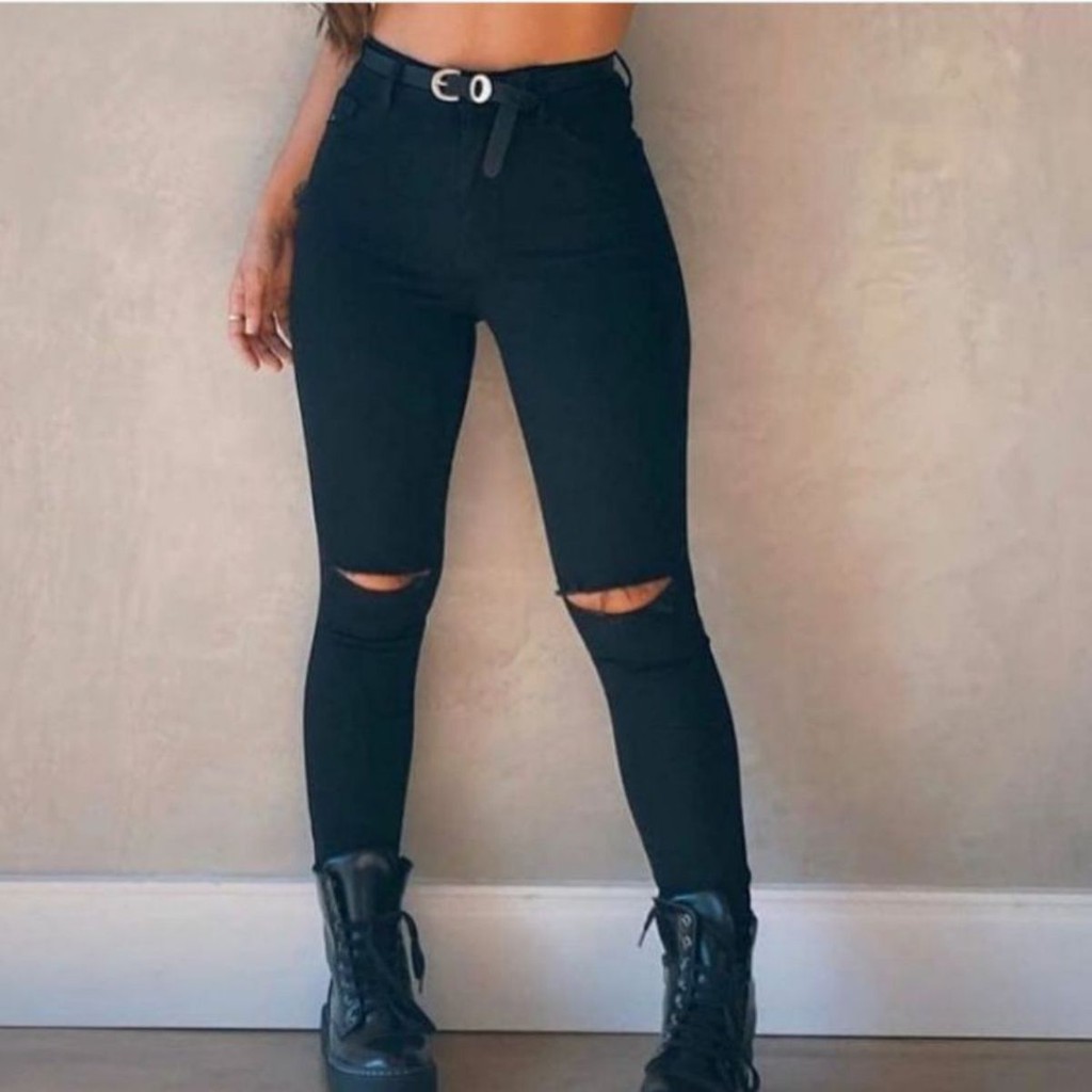 Calça Jeans Preta Feminina Rasgada no joelho Blogueira Skinny