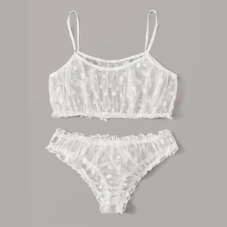 Conjuntos De Roupa Íntima Feminina De Renda Exótica Babydoll Lingerie Polka Dot Mesh Frill Trim Lace Set Top Transparent Bra
