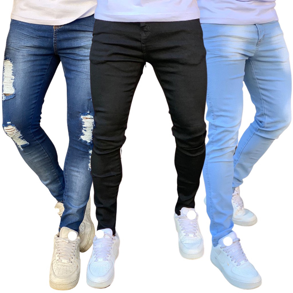 kit 3 calça jeans masculina slim com elastano tamanho:36;cor