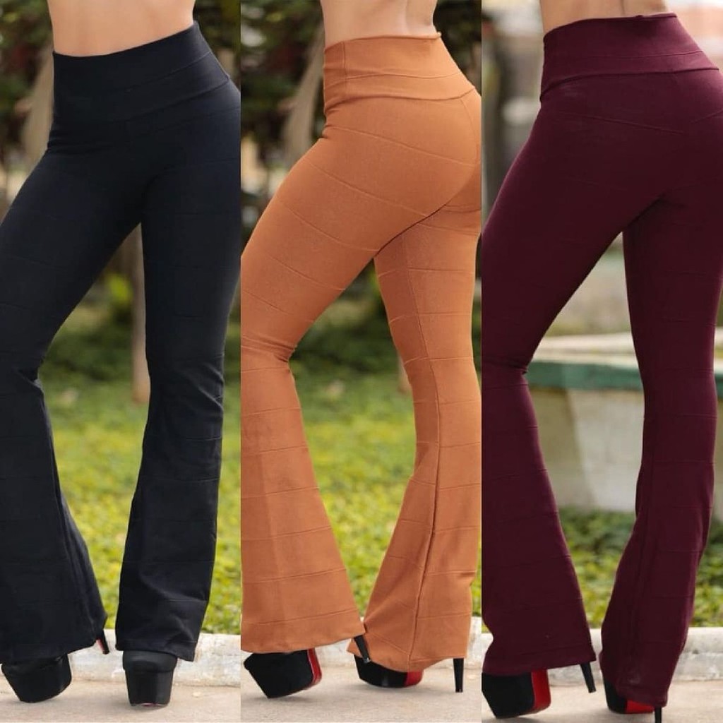 Calça Legging Bandagem Flare Cintura Alta Grossa Boca Sino