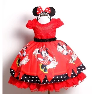 Vestido Festa Luxo Minnie Vermelha Com Paete E Tiara Minnie