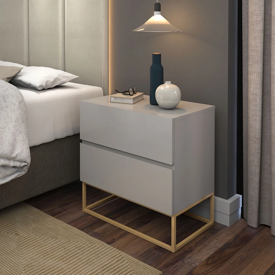 Mesa Cabeceira Eros 45cm 2 Gavetas estilo Industrial com Pés Dourado