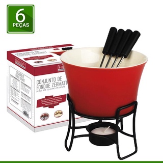 Fondue Para Chocolate Queijo Vermelho 6 Peças Panela Fundi Aço Inox