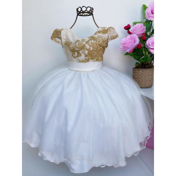 Vestido Infantil de Festa Branco Batizado Daminha de Honra Casamento Luxo  Realeza Princesa Menina Bebê