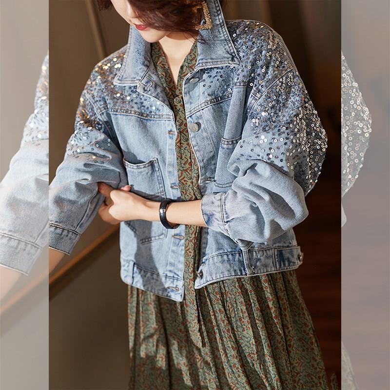 Moda Lantejoulas Jaqueta Jeans Mulheres 2022 Novo Estilo Curto Top