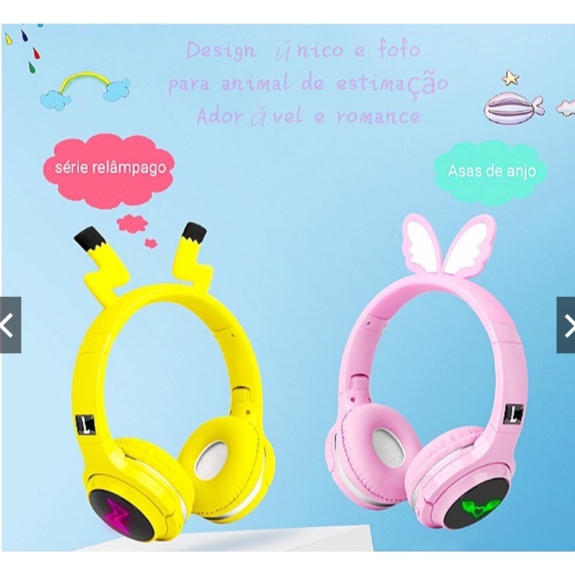 Headphone fone de ouvido bluetooth sem fio 5 0 hd pikachu fone luminoso