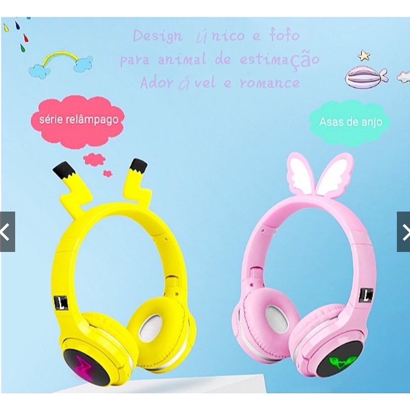 Headphone Fone de ouvido bluetooth sem fio 5.0 HD Pikachu Fone Luminoso LC 855