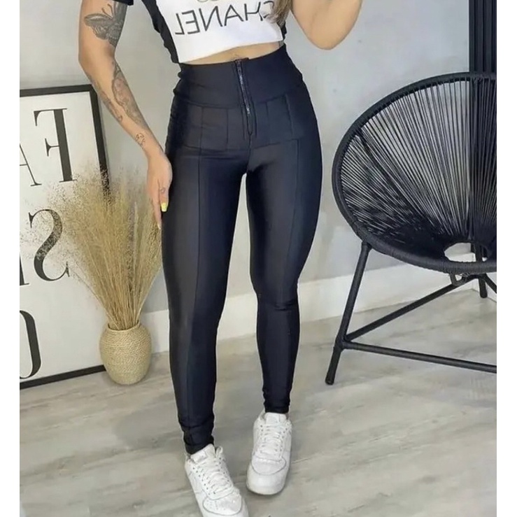 Calça Legging Modeladora Preta Zíper - Empina Bumbum e Comprime a