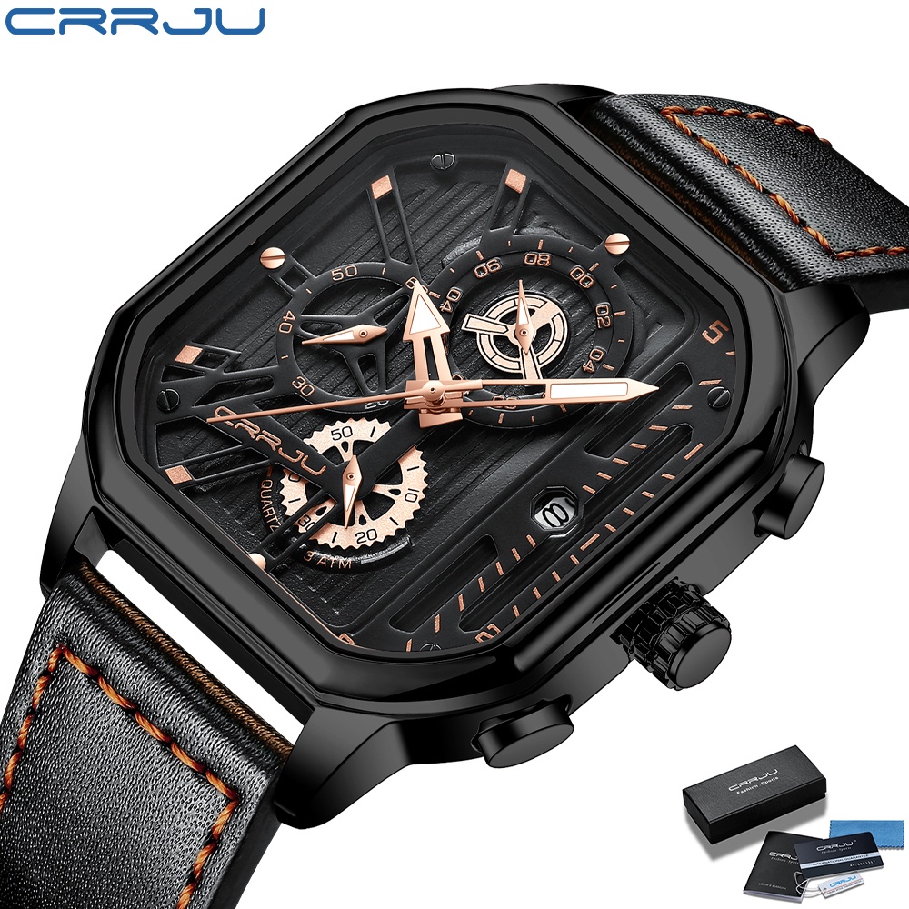 relógio crrju quartzo de couro masculino