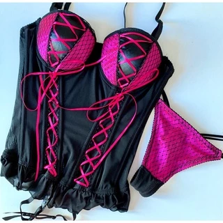 Espartilho Corpete Preto E Pink Com Cinta Liga