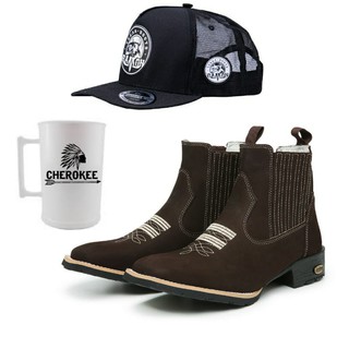 Kit Country Bota Masculina Bota Texana Bico Quadrado Couro Bovino Cano Curto Boné + Caneca