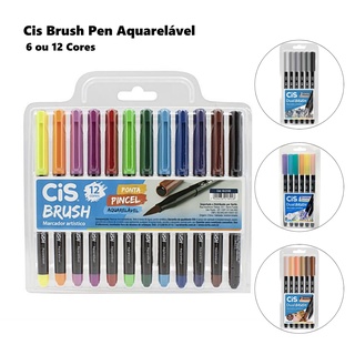 Caneta Brush Pen CIS Aquarelável Estojo com 6 ou 12 Cores