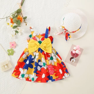 Vestido Floral Colorido De Costas De Bebê De Verão Novo Menina Moda + Chapéus Grátis (3-24 Meses)