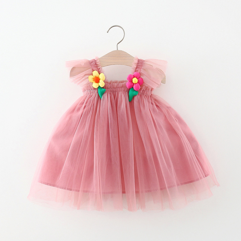 Vestido De Verão Baby Girl Cor Sólida Com Cabide De Flor , Princesa Recém-Nascida , Roupa De Criança