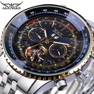 Relógio Mecânico Jaragar Marca De Grande Discagem Tuo Flywheel Oco Automático Multifuncional Luminoso De Banda De Aço À Prova D'água GMT976