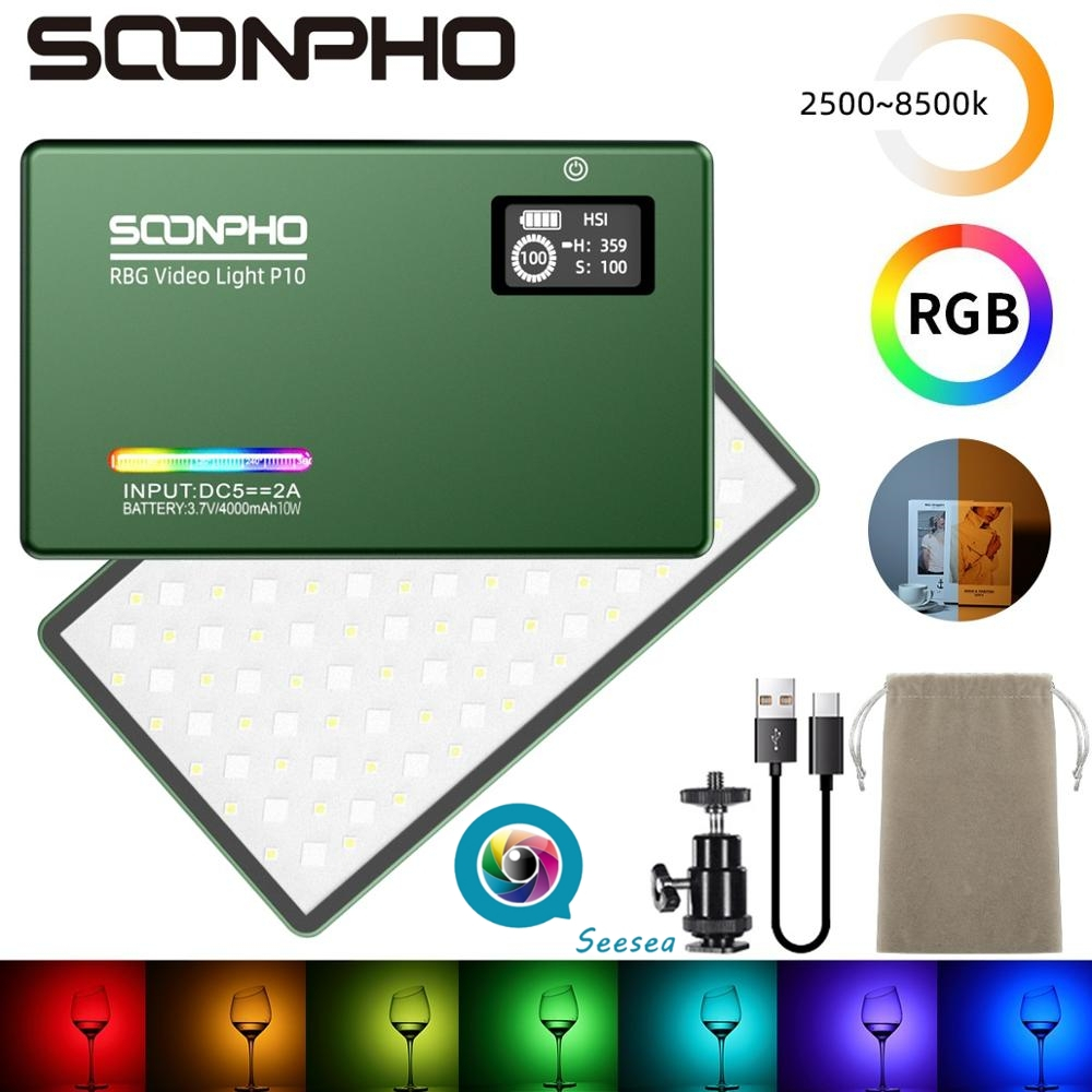 Soonpho P10 RGB Kit De Lâmpada De Vídeo De Saída Colorida De Luz De Câmera LED Dimmable 2500K-8500K Painel Luminoso Bicolor CRI 95 +