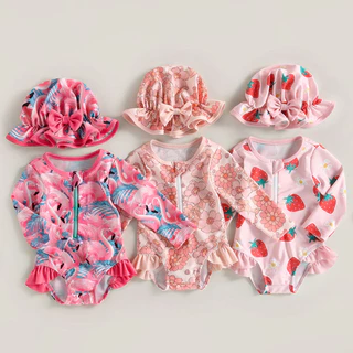* 6M-3Y Baby Girl Rash Guard Fato De Banho , Menina Bebê, Manga Comprida Strawberry Print + Chapéu De Sol ,roupa de praia