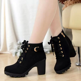 Moda Feminina Calcanhar Alto Com Zíper Lateral Botas De Camurça Fivela De Tornozelo