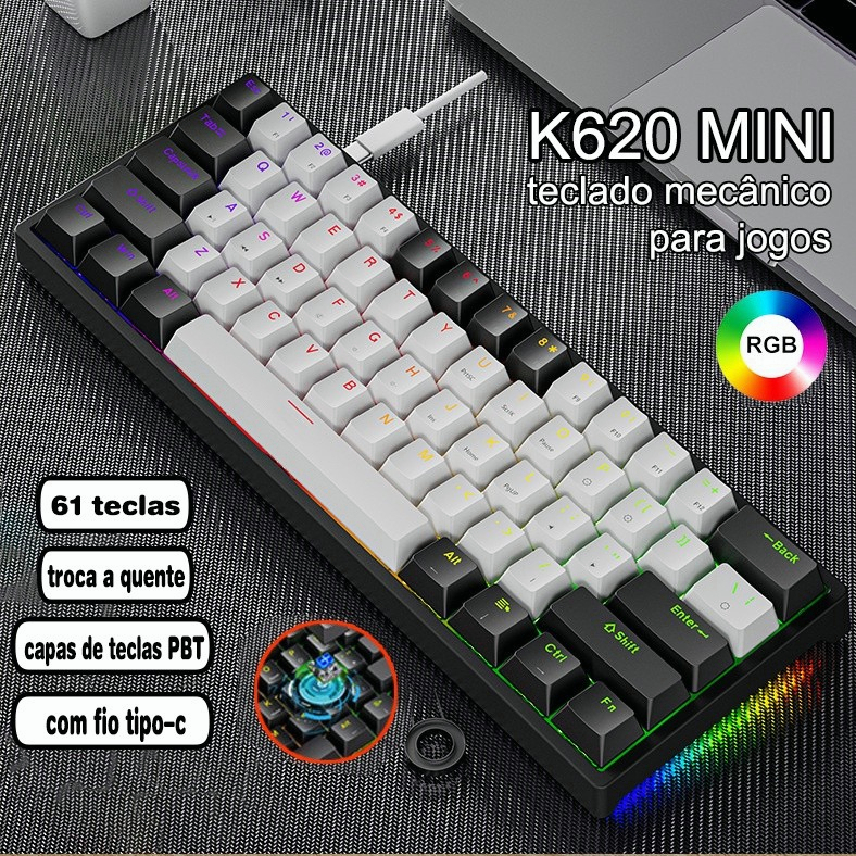 K620 RGB USB Mini Teclado Mecânico Para Jogos Com Fio Interruptor Vermelho 61 Type-C Chave Gamer para Computador PC Laptop op